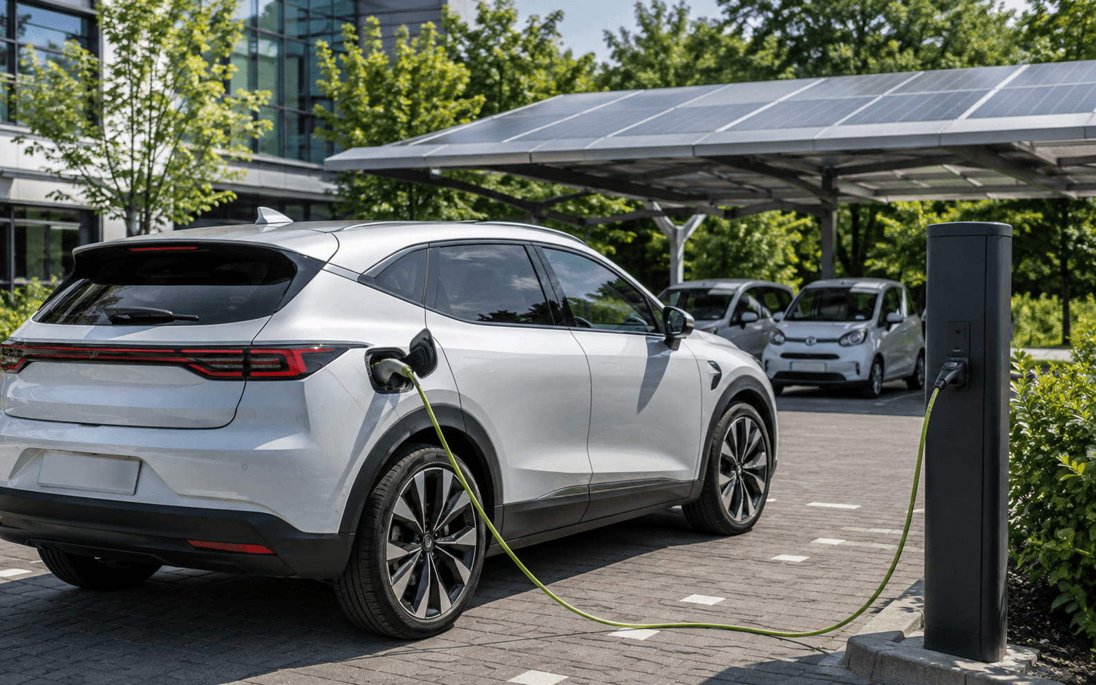 İş yeri otoparkında şarj kablosuna bağlı beyaz elektrikli araç, temsili görsel