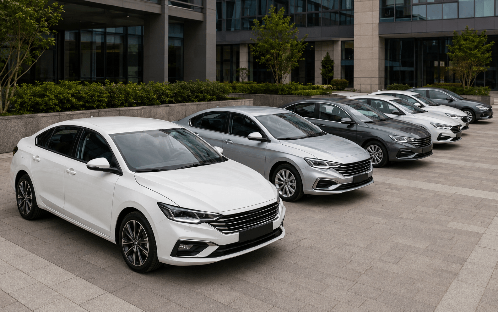 İş merkezi otoparkında kurumsal sedan filosu, temsili görsel