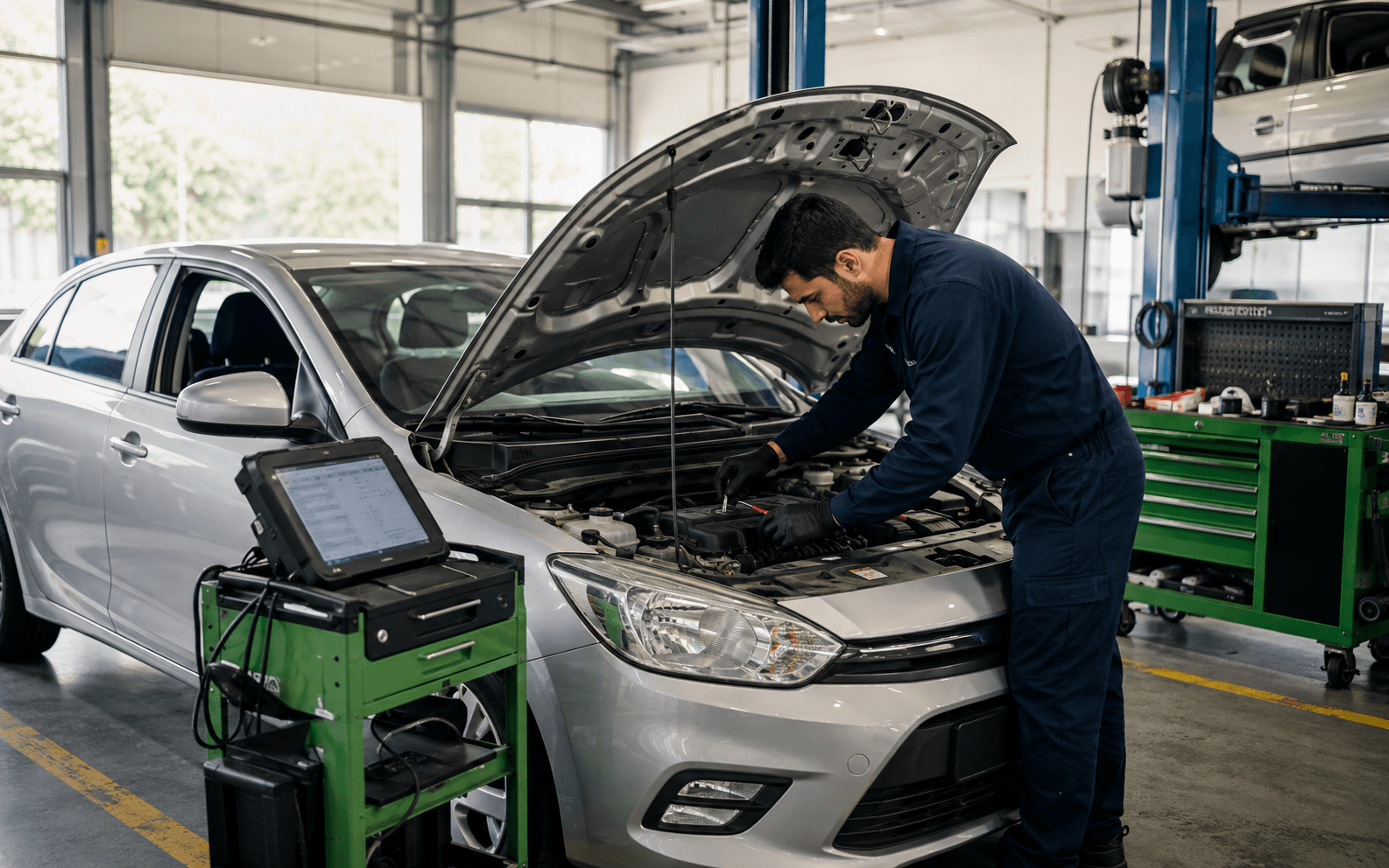 Servis atölyesinde bir sedanın motor bölümünü kontrol eden bakım teknisyeni, temsili görsel