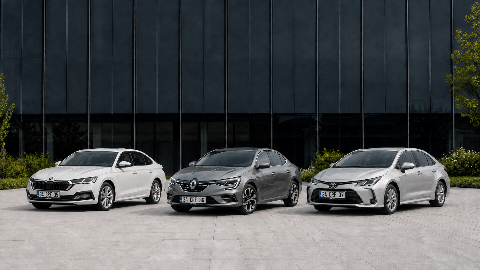 CarFlex logolu plakalıklarıyla 34 CRF 35 plakalı Škoda Octavia, 34 CRF 36 plakalı Renault Megane Sedan ve 34 CRF 37 plakalı Toyota Corolla Sedan