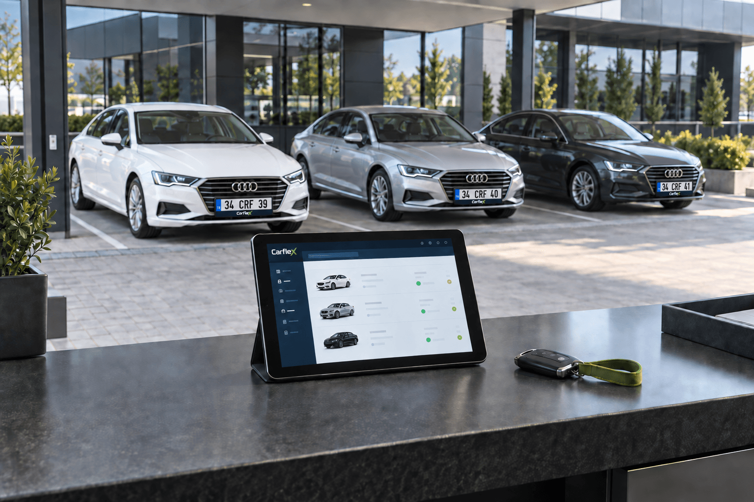 CarFlex plakalıklı 34 CRF 39, 34 CRF 40 ve 34 CRF 41 plakalı Audi amblemli araçlar ile CarFlex logolu tablet ekranında filo kayıtları, temsili görsel