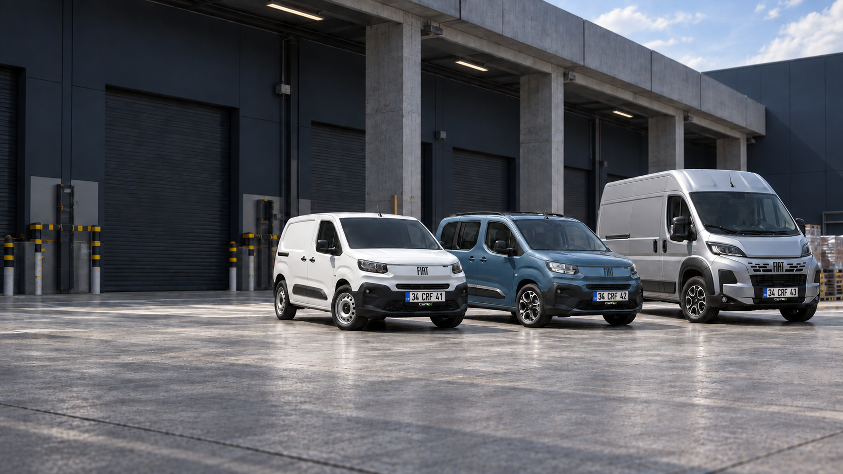 Aynı sahnede beyaz kapalı Fiat Doblo Cargo, mavi arkası camlı Fiat Doblo Combi ve gümüş Fiat Ducato Van; beyaz plakalar ve CarFlex logolu lacivert plakalıklar, temsili görsel